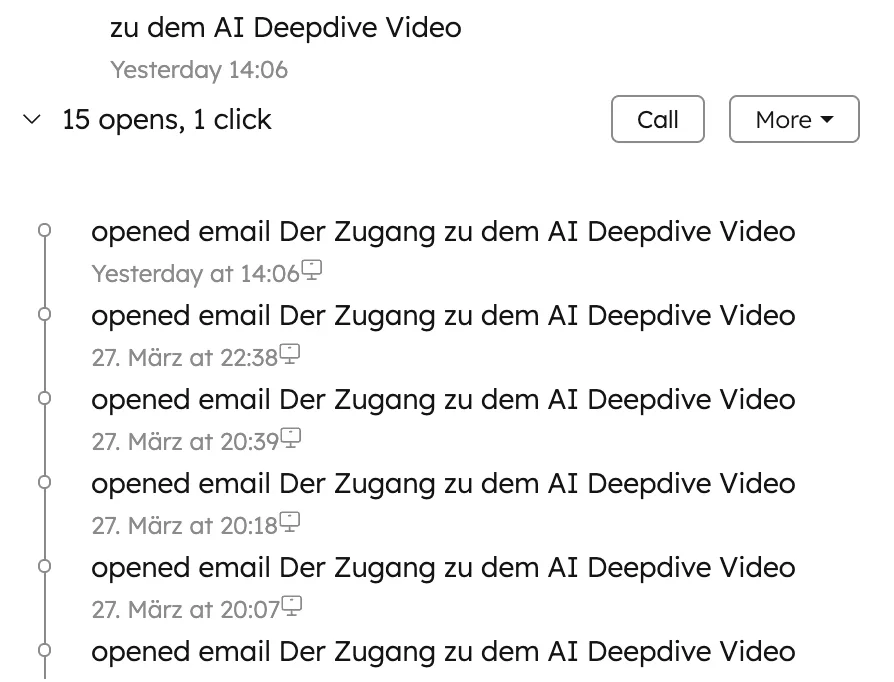 HubSpot E-Mail Tracking 15 Opens 1 Click Aktivitäts-Log mit Zeitstempeln