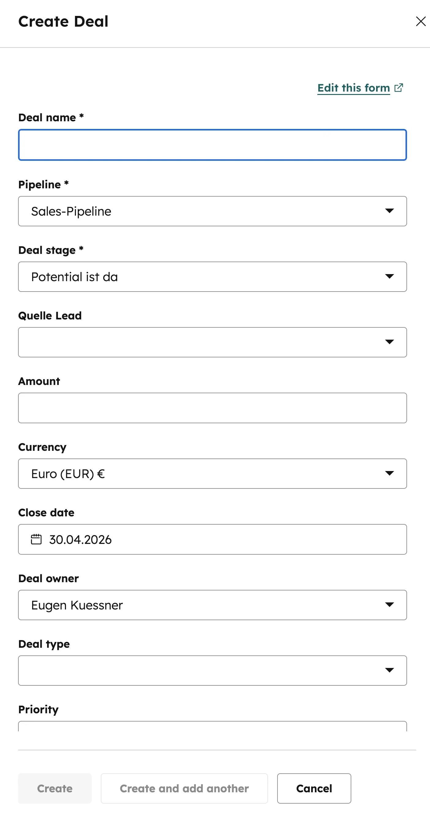 HubSpot Create Deal Formular — Pipeline, Stage, Lead-Quelle, Betrag, Währung, Owner
