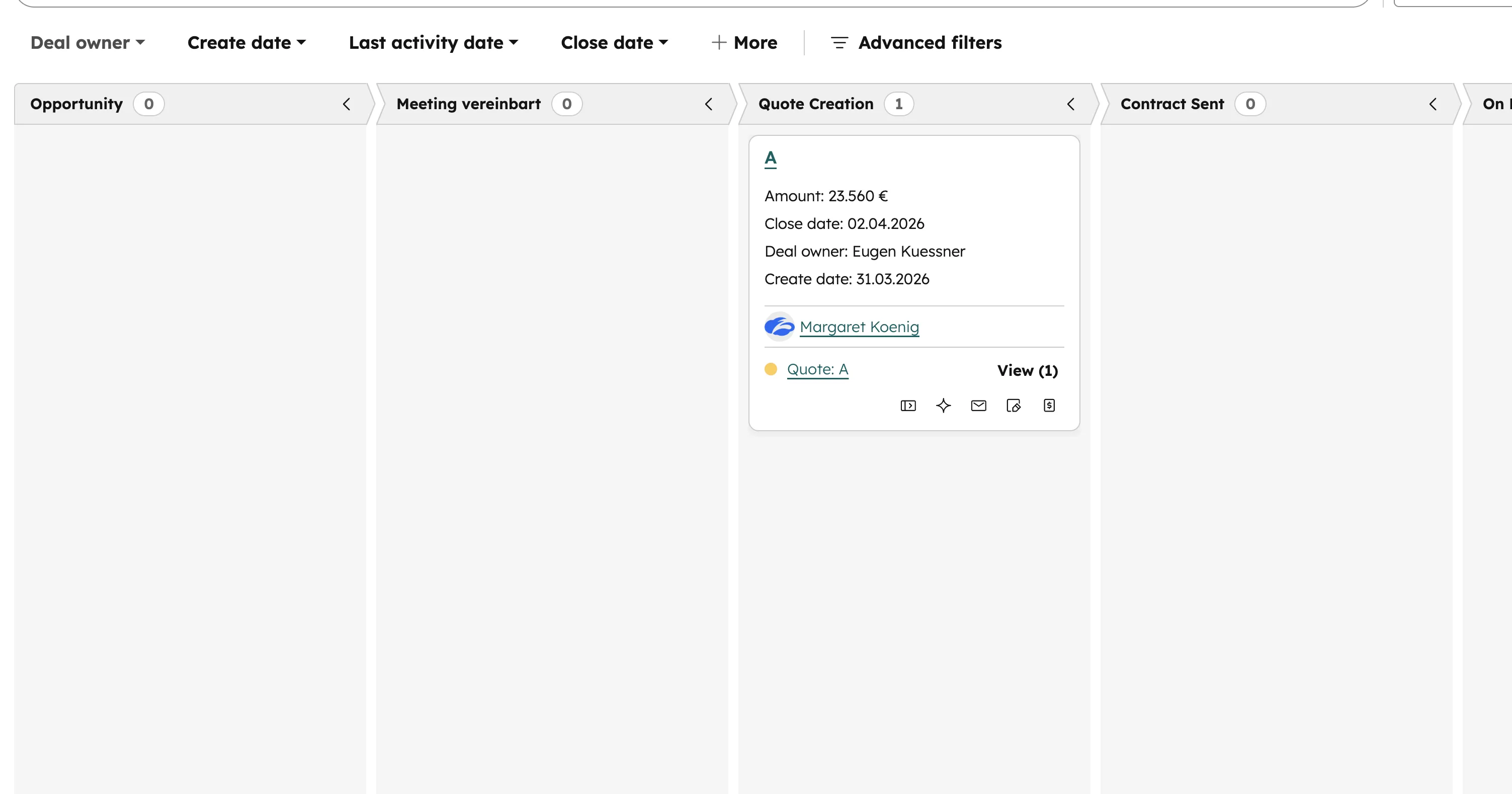 HubSpot Deal Board View — Kanban-Ansicht mit Deal-Karten, Beträgen und Pipeline-Stages