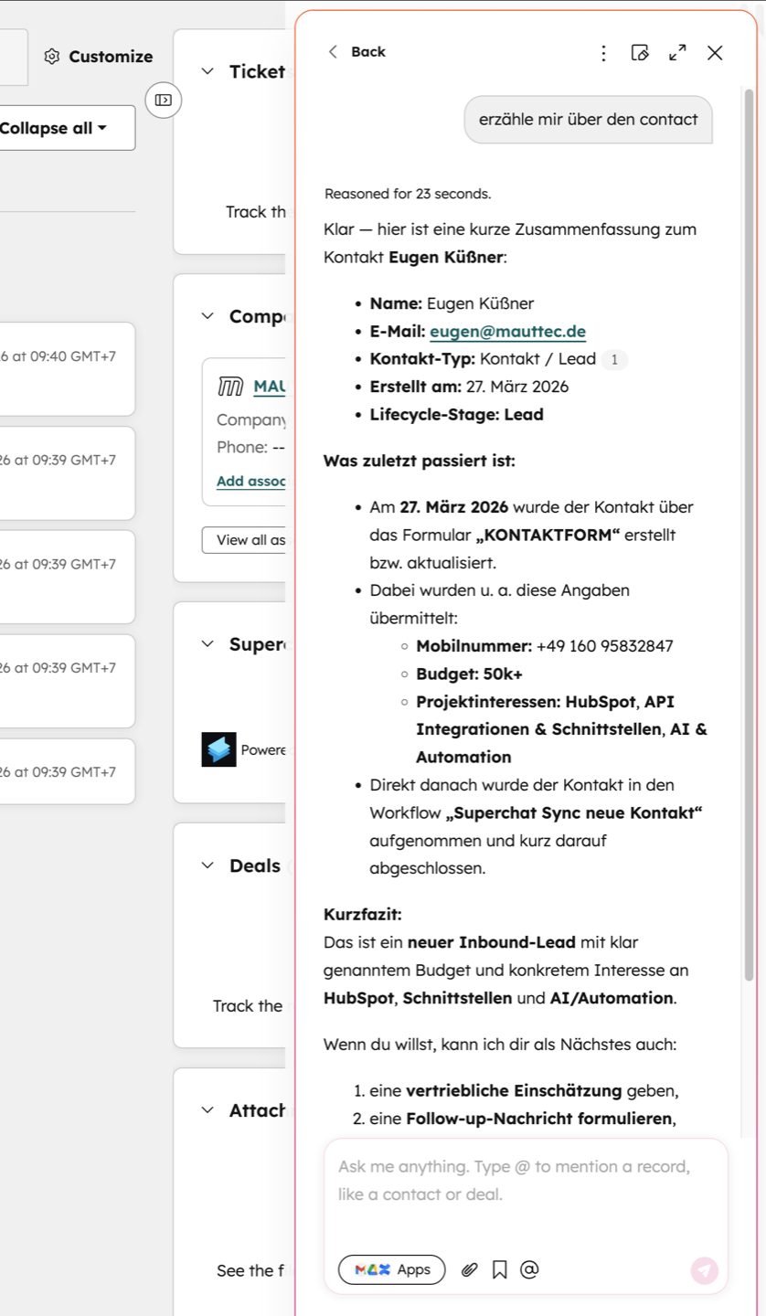 HubSpot Breeze Copilot — KI-Kontaktzusammenfassung mit Budget, Interessen und nächsten Schritten
