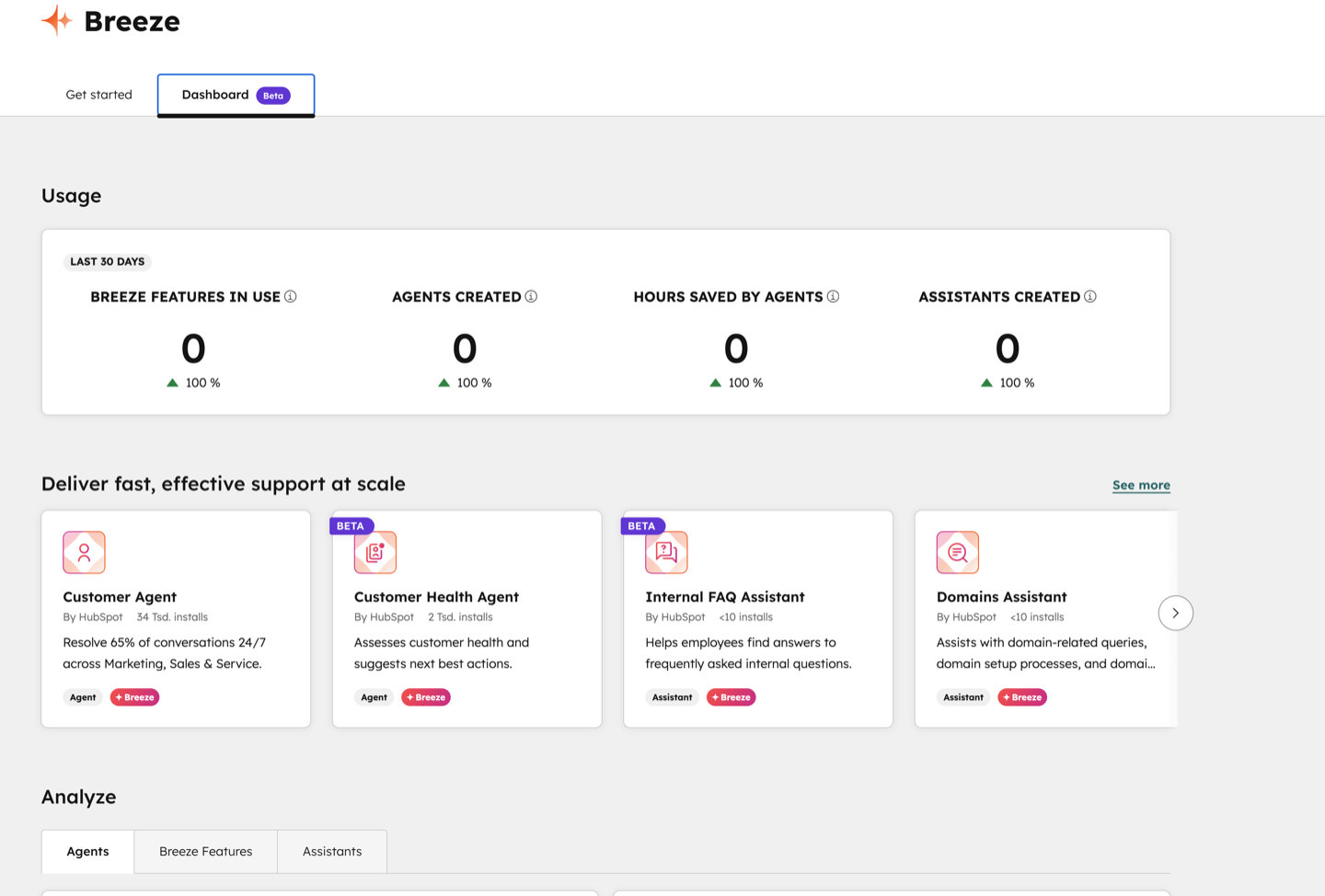 HubSpot Breeze AI Dashboard 2026 — Customer Agent, Health Agent und FAQ Assistant Übersicht