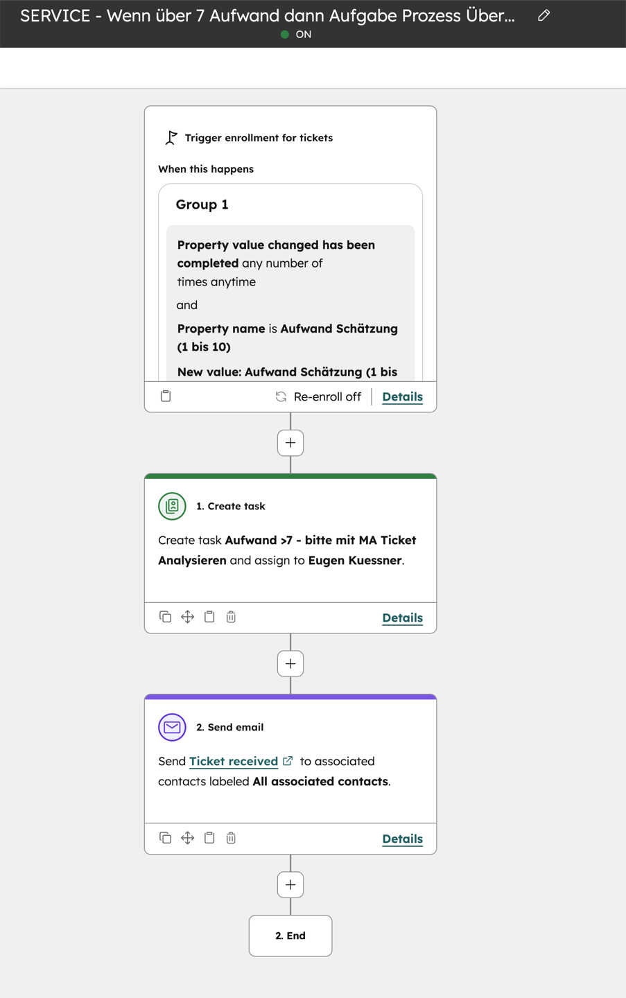 HubSpot Workflow Automation — Service-Workflow mit automatischer Aufgabenerstellung und E-Mail-Versand