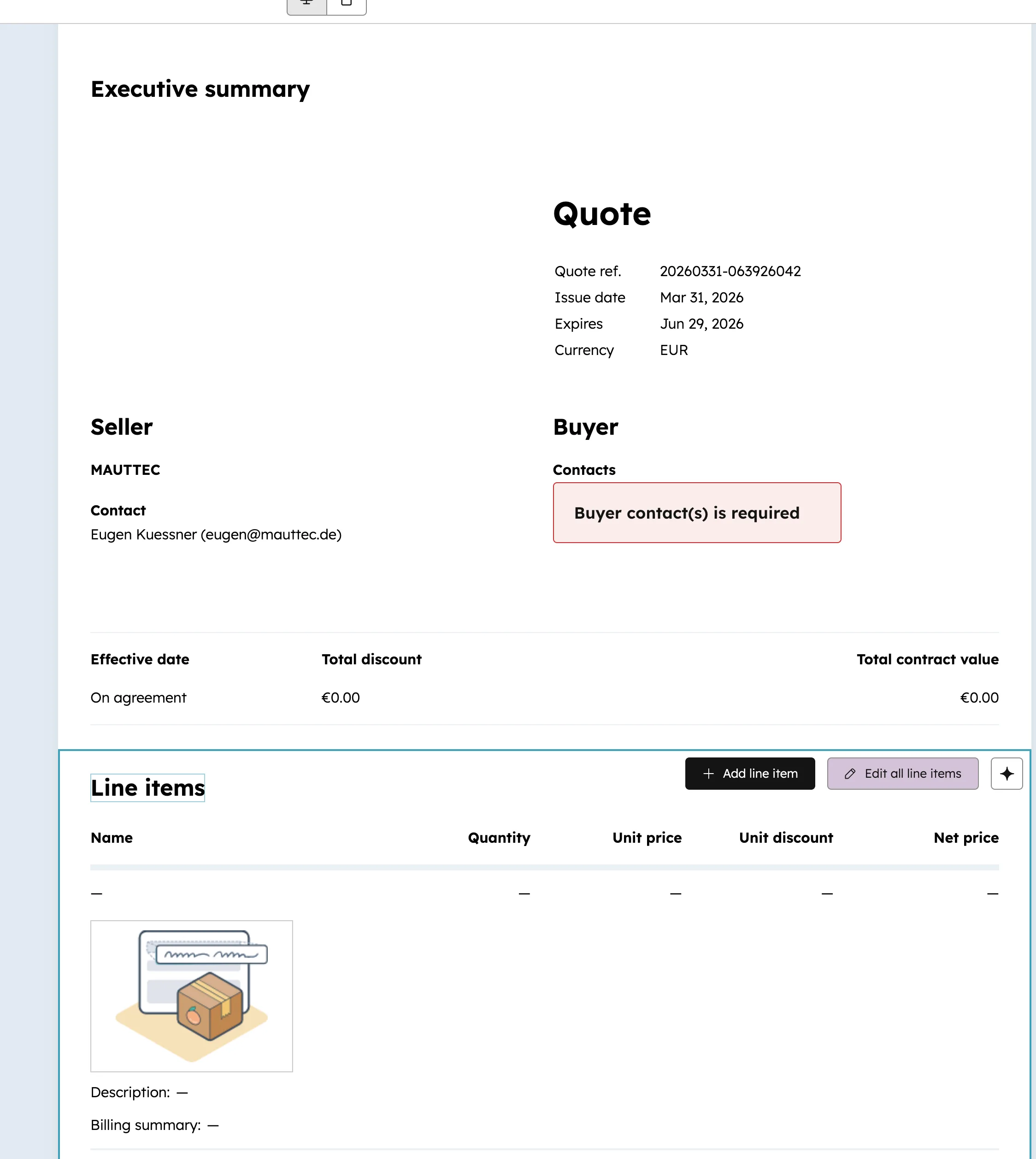 HubSpot Angebot erstellen — Quote Editor mit Executive Summary, Absender MAUTTEC, Käuferfeld und leeren Positionen