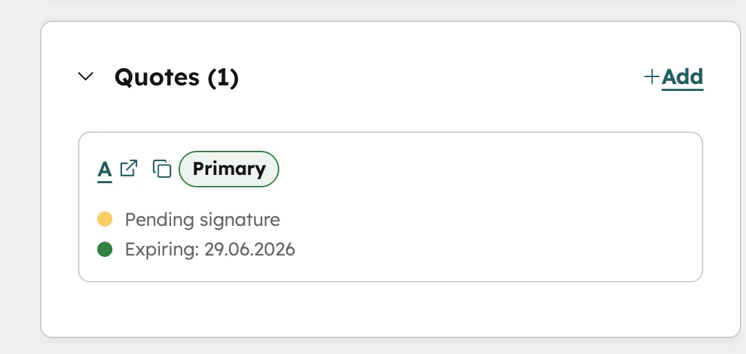 HubSpot Angebot Status Pending Signature — Quote-Übersicht im Deal mit Ablaufdatum und Unterschriftsstatus