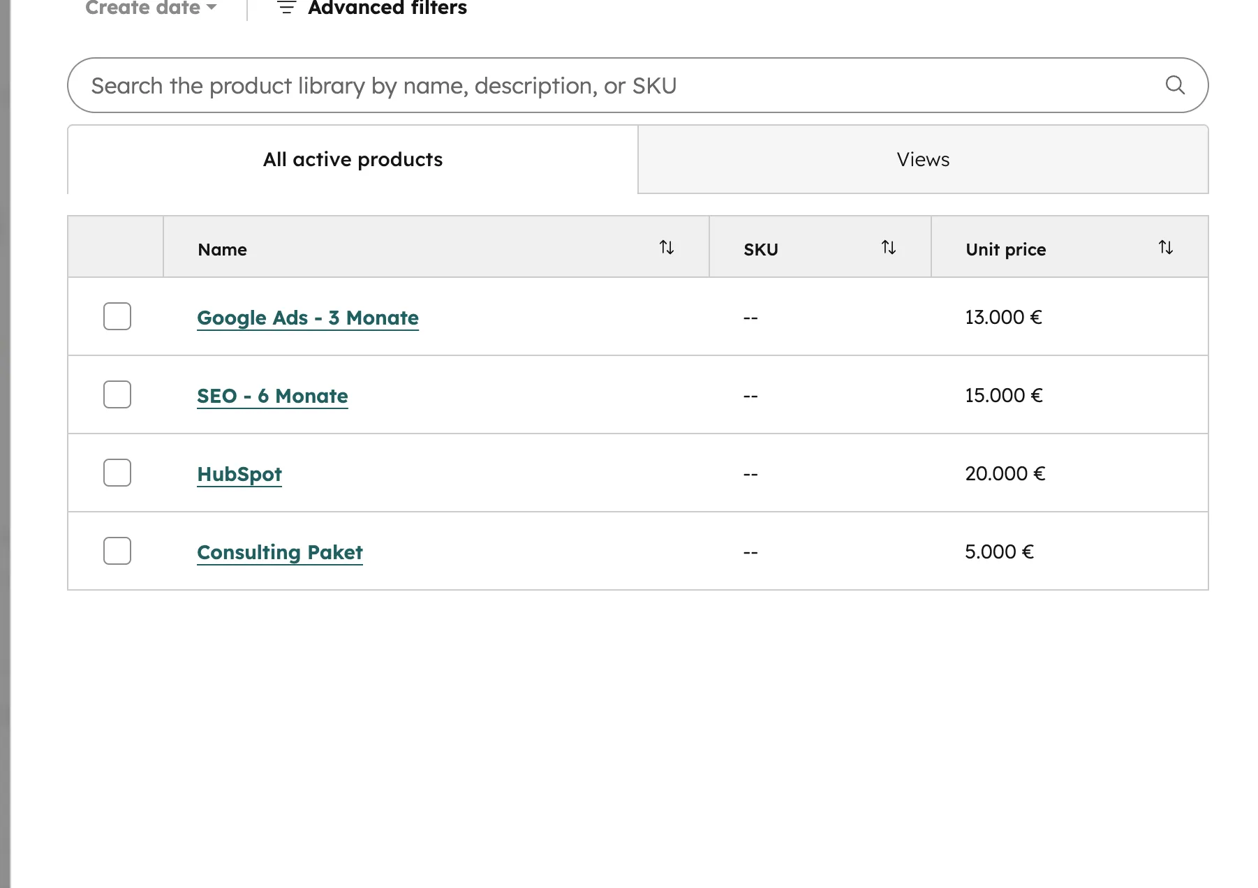 HubSpot Product Library mit Produkten und Preisen