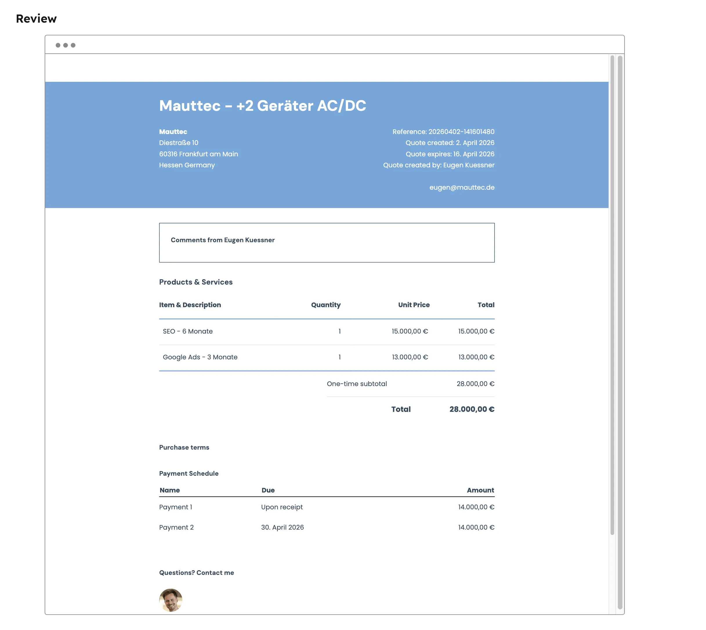HubSpot Angebot fertig zur Pruefung