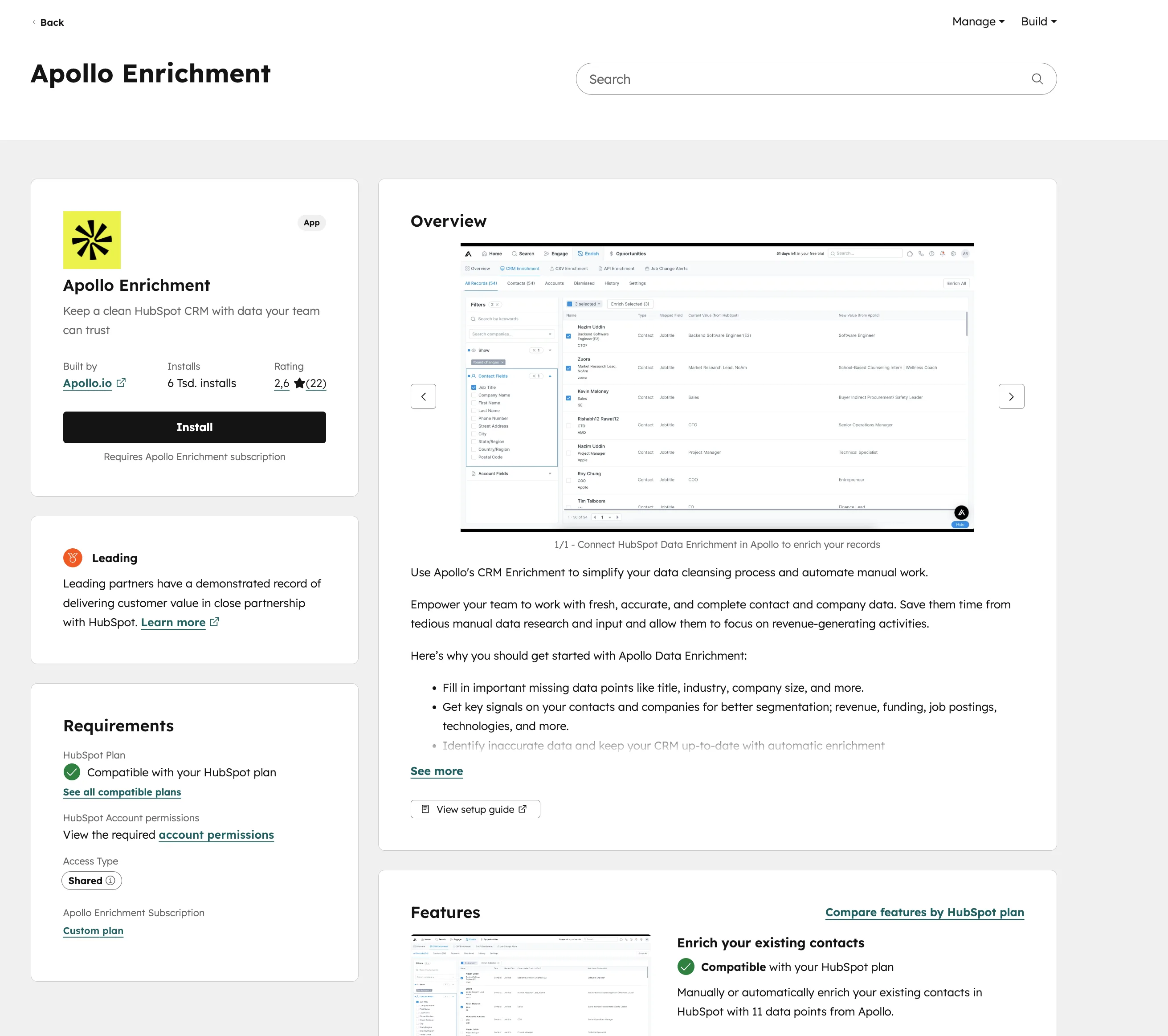 Apollo Enrichment App im HubSpot Marketplace Leading Partner 5000 Installs