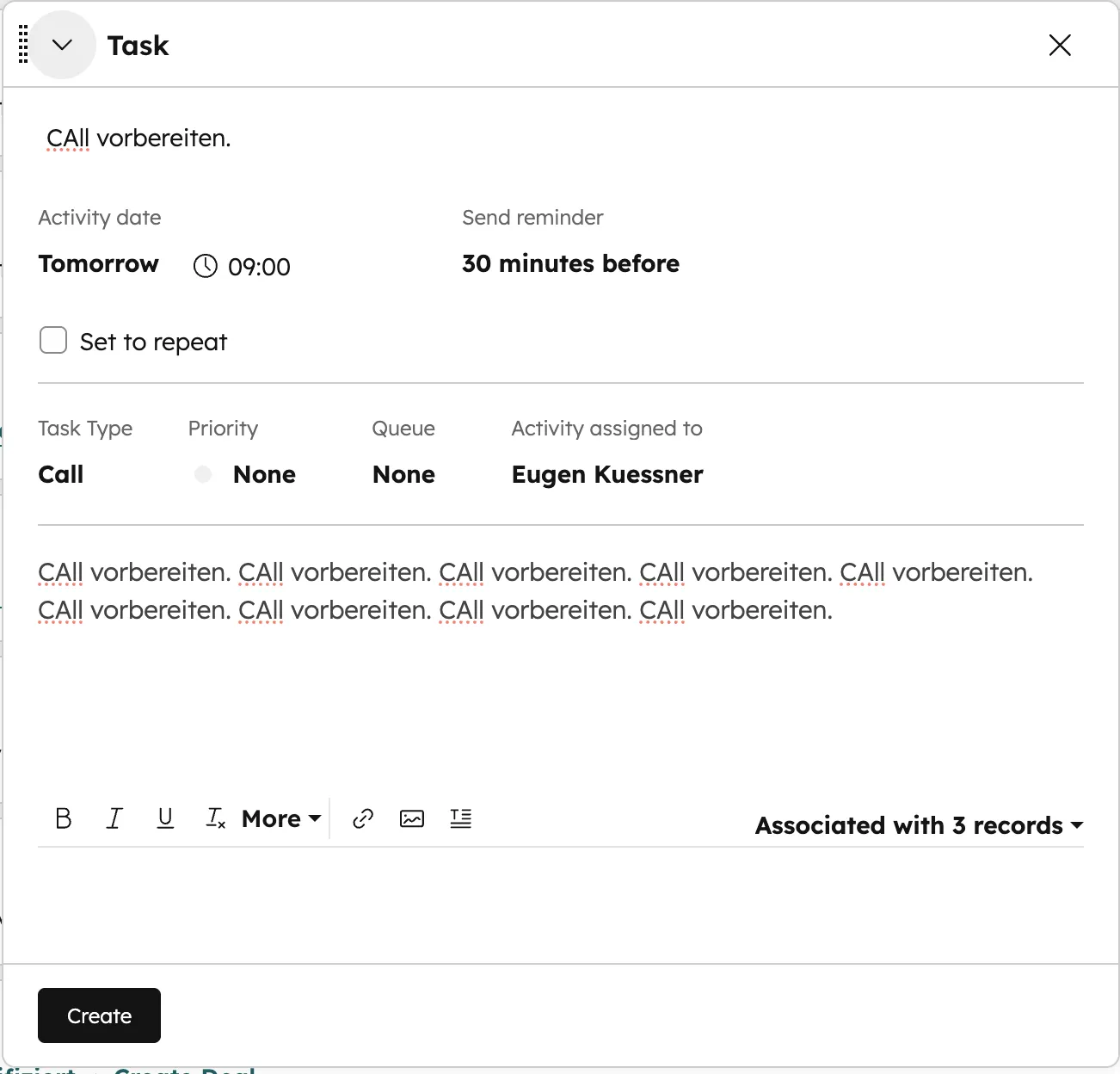 HubSpot Task-Detail mit Due Date, Priority, Queue und Task Type