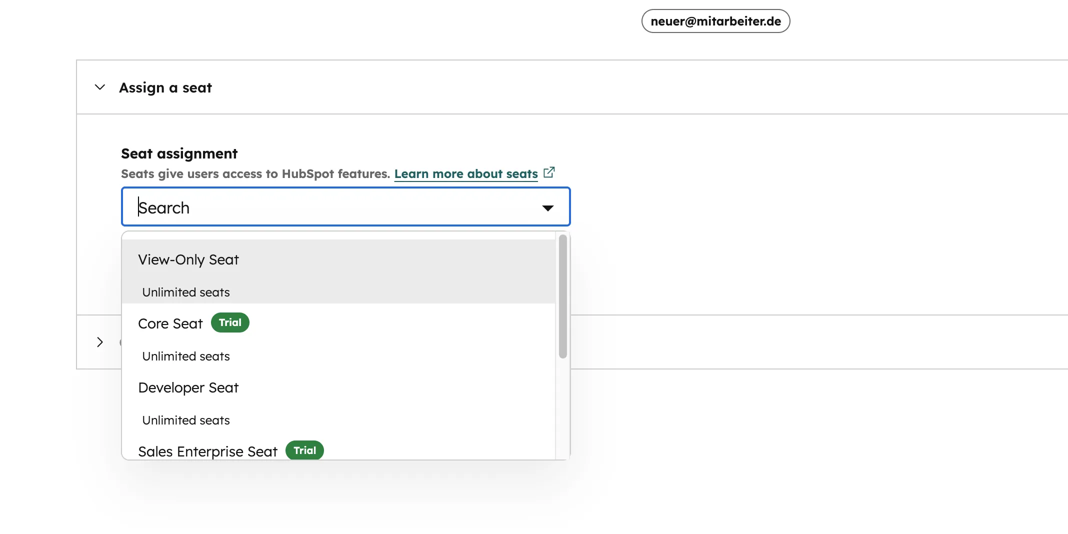 HubSpot Assign a seat Dropdown mit View-Only Core Developer Sales Enterprise