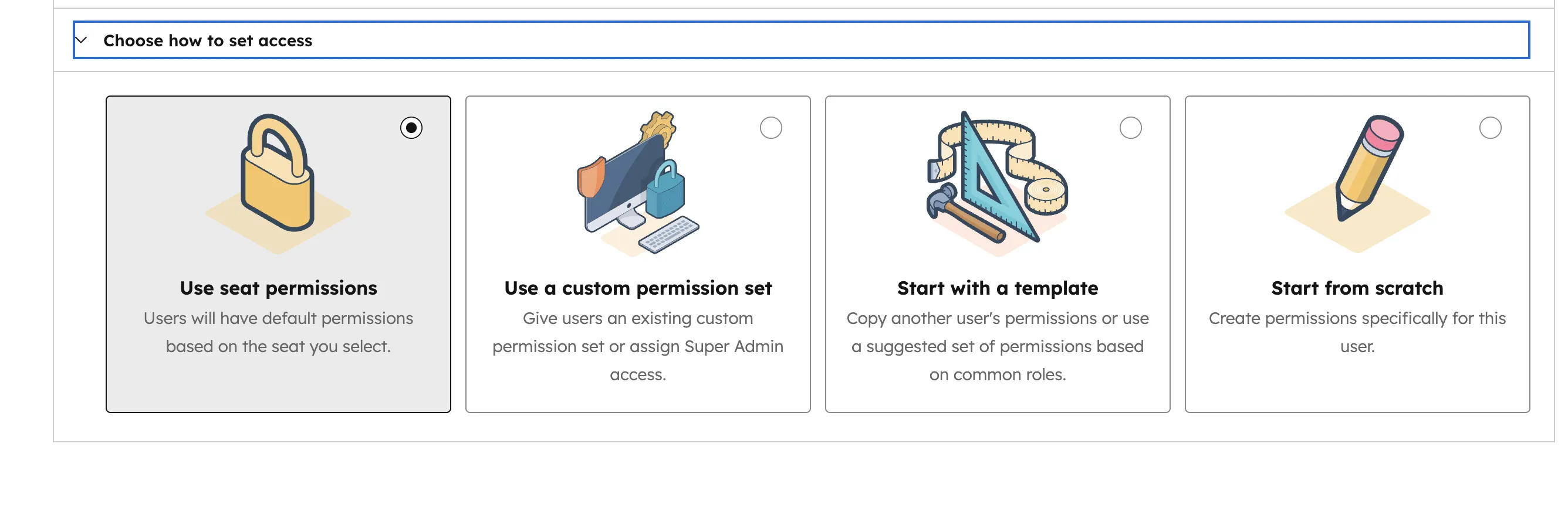 HubSpot Choose how to set access Seat permissions Custom permission set Template Scratch