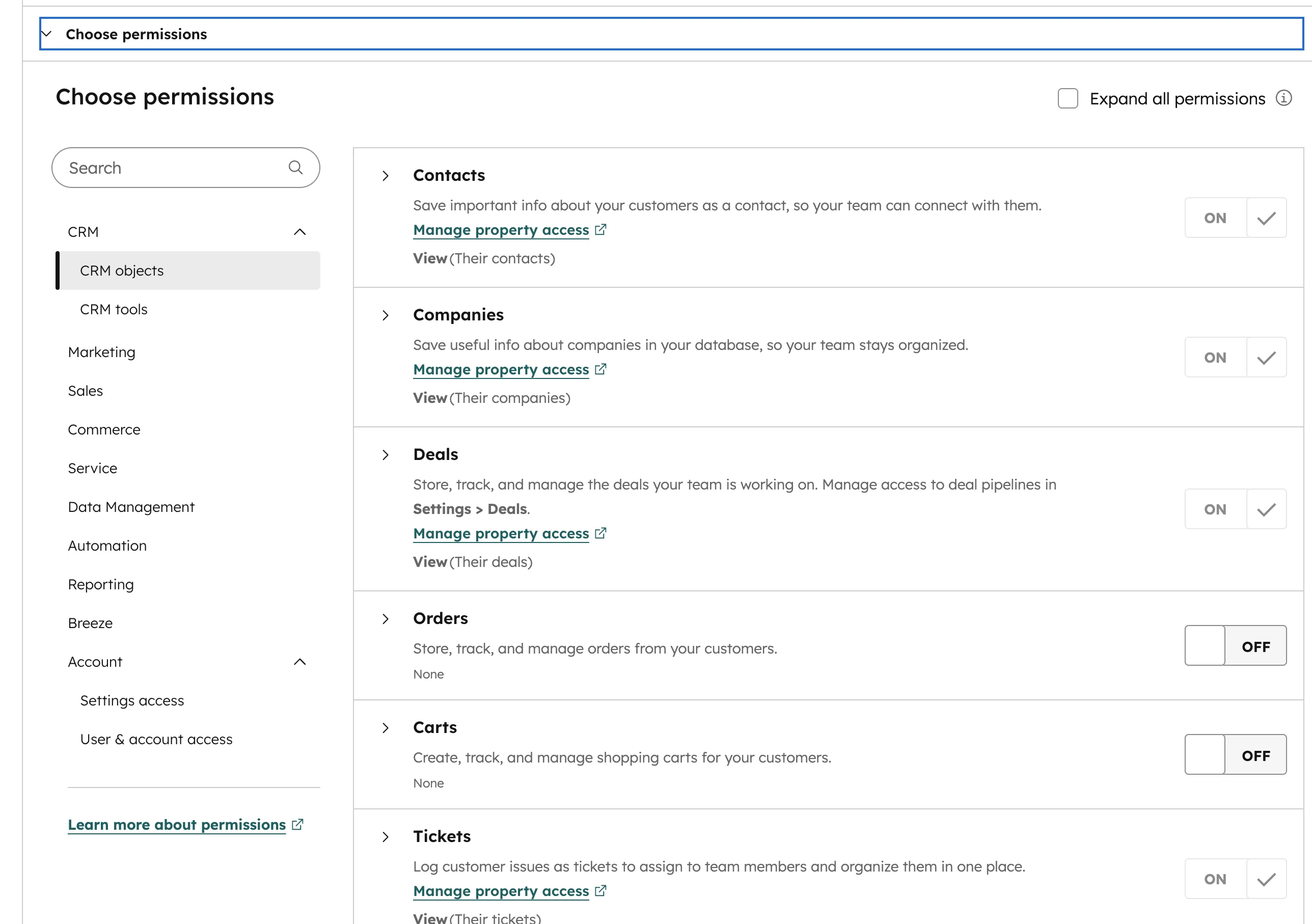 HubSpot Choose permissions CRM Objects Contacts Companies Deals Orders Tickets