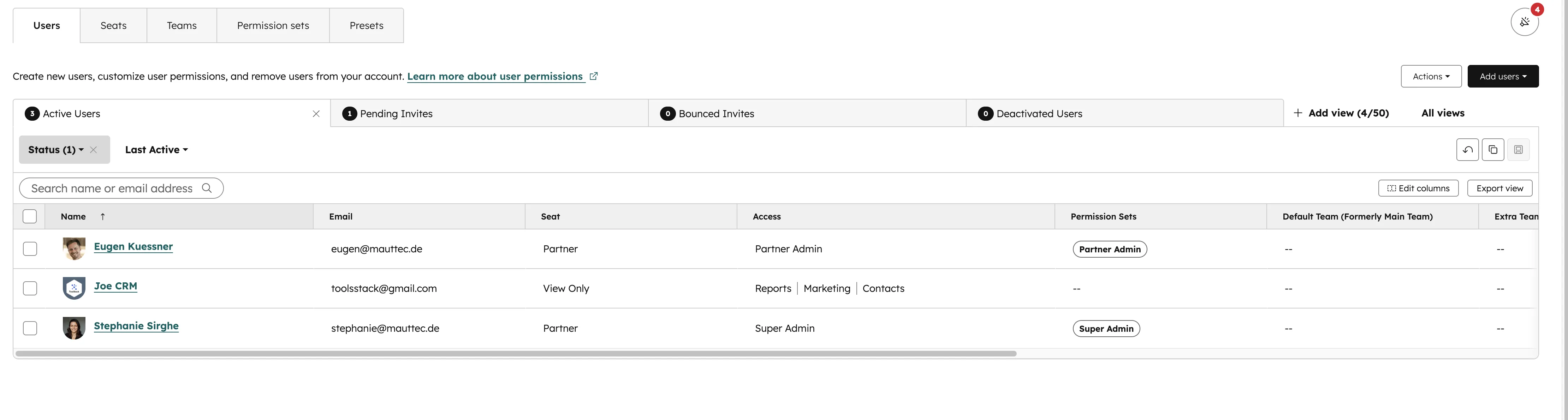 HubSpot Einstellungen Users Seats Teams Permission sets Presets