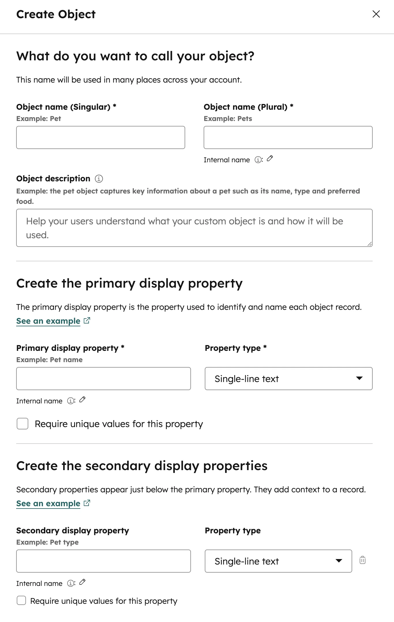 HubSpot Create Object Formular mit Singular Plural Object Description Primary Display Property