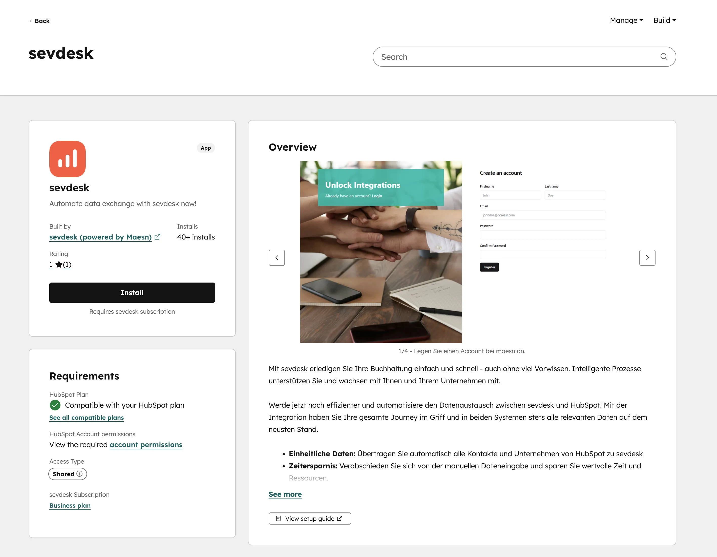 sevDesk Integration im HubSpot Marketplace mit Funktionsübersicht und Installationsbutton