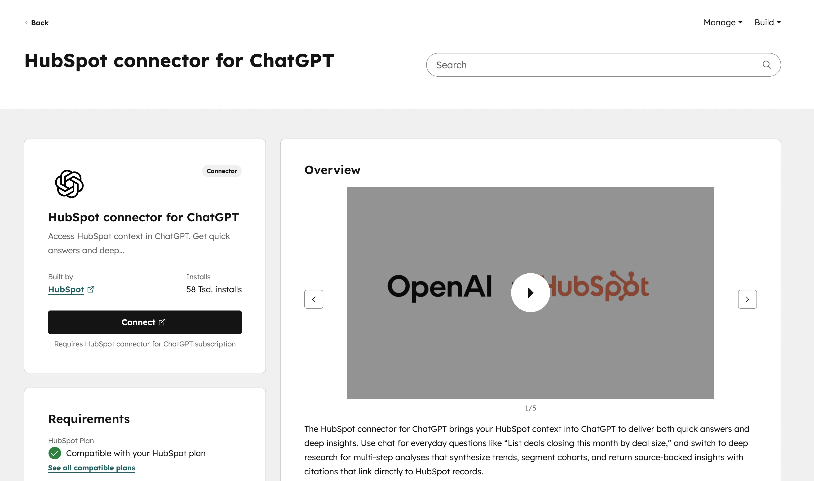 ChatGPT Connector im Marketplace mit HubSpot-Integration