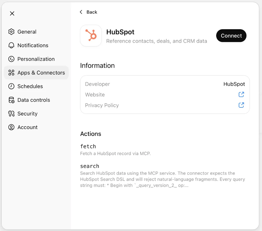 MCP Connector Einstellungen mit Fetch- und Search-Aktionen
