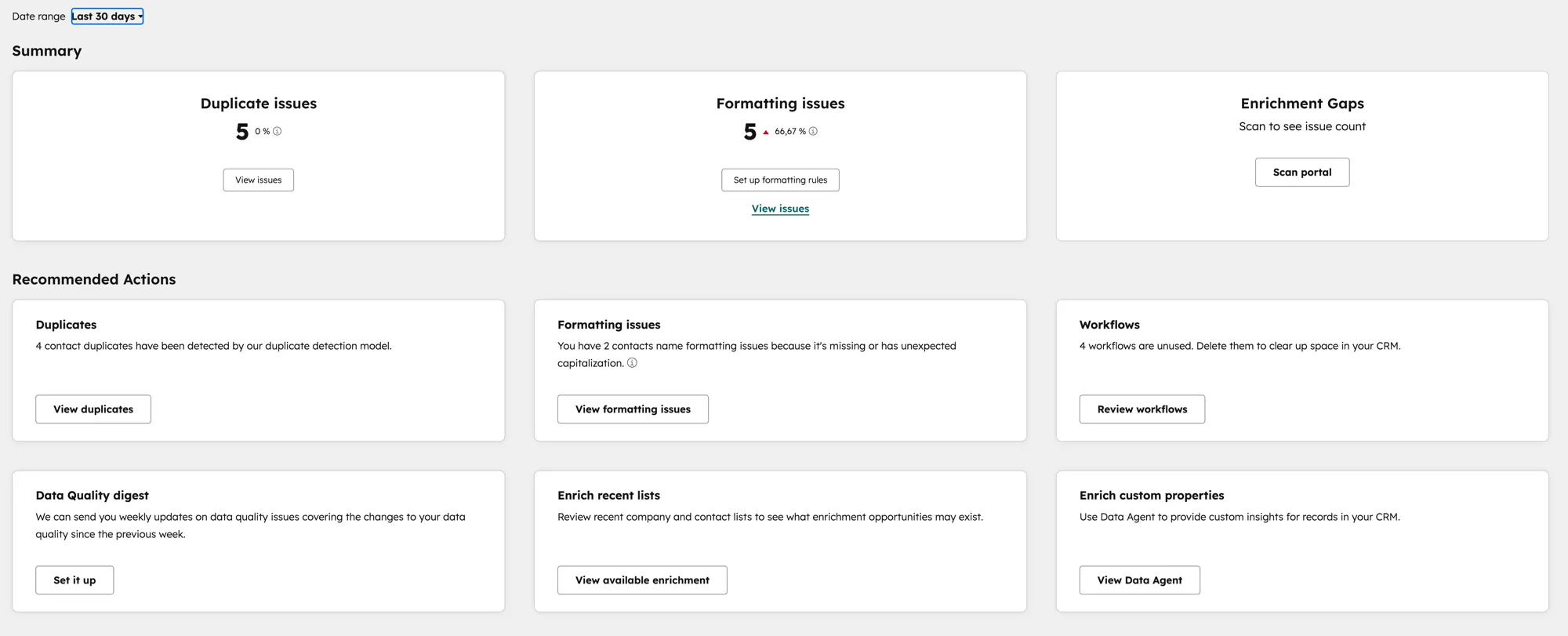 HubSpot Data Quality Dashboard: Duplicate Issues, Formatting Issues, Enrichment Gaps und Recommended Actions