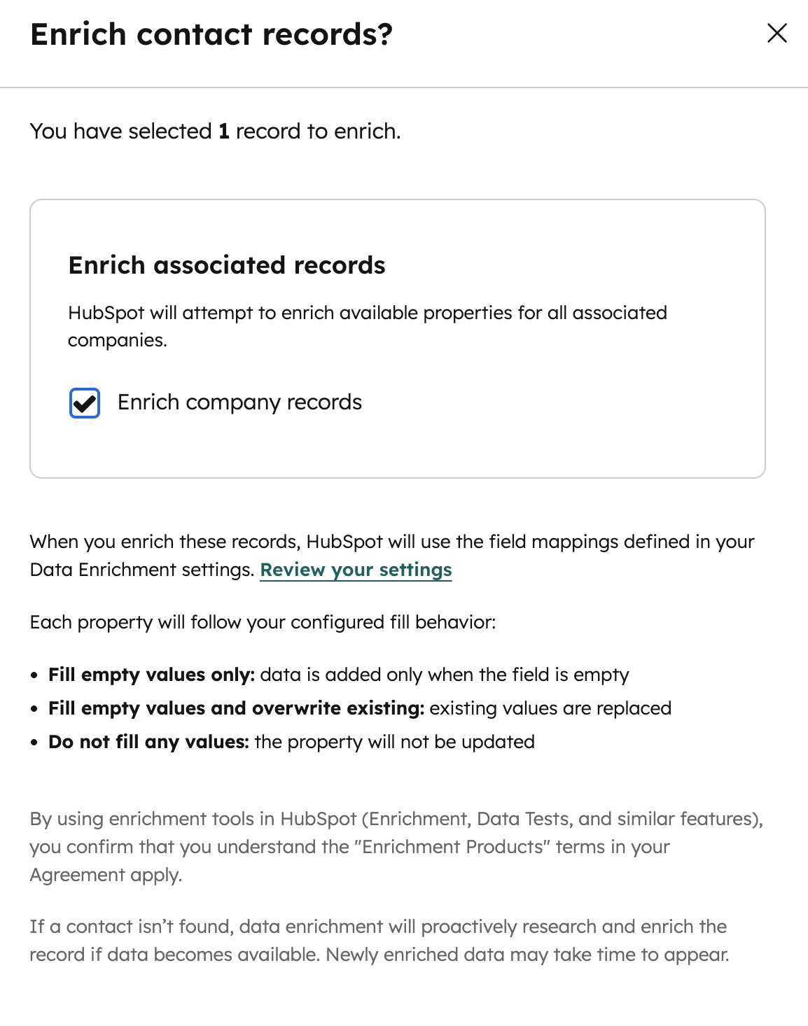 HubSpot Enrich Contact Records Dialog: Enrichment-Optionen mit Fill Behavior Einstellungen