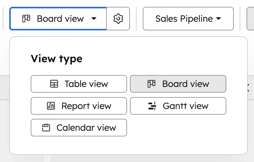 HubSpot Ansichtstypen-Auswahl mit Tabelle, Board, Report, Gantt und Kalender