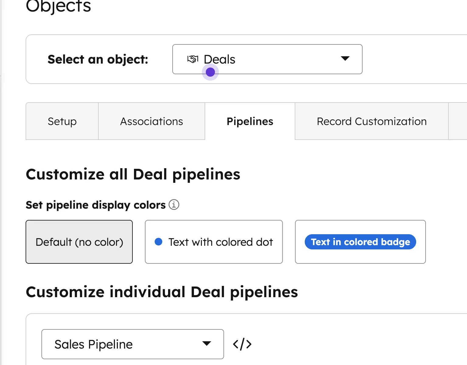 HubSpot Pipeline Settings mit Stages und Farboptionen