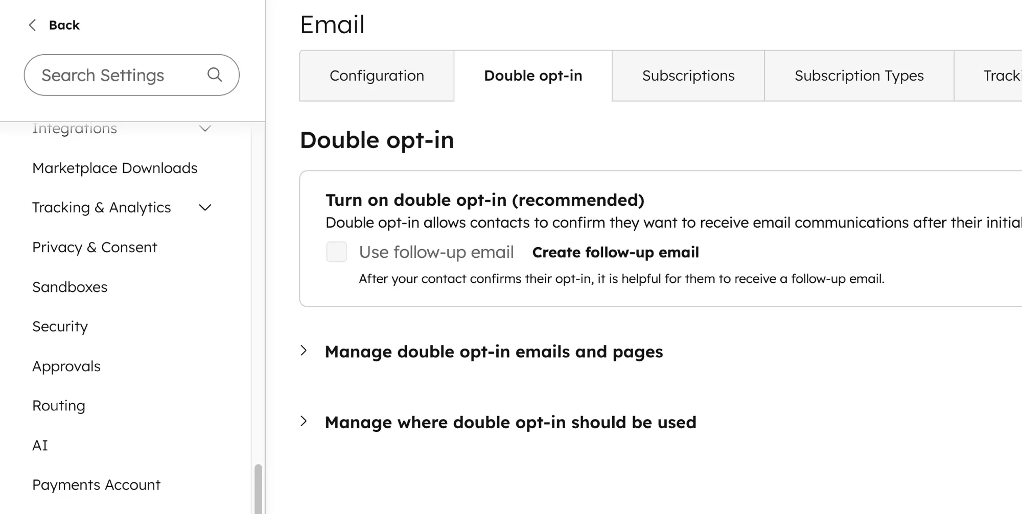 HubSpot Double Opt-In Einstellungen mit Toggle zum Aktivieren und Optionen für Follow-up E-Mail