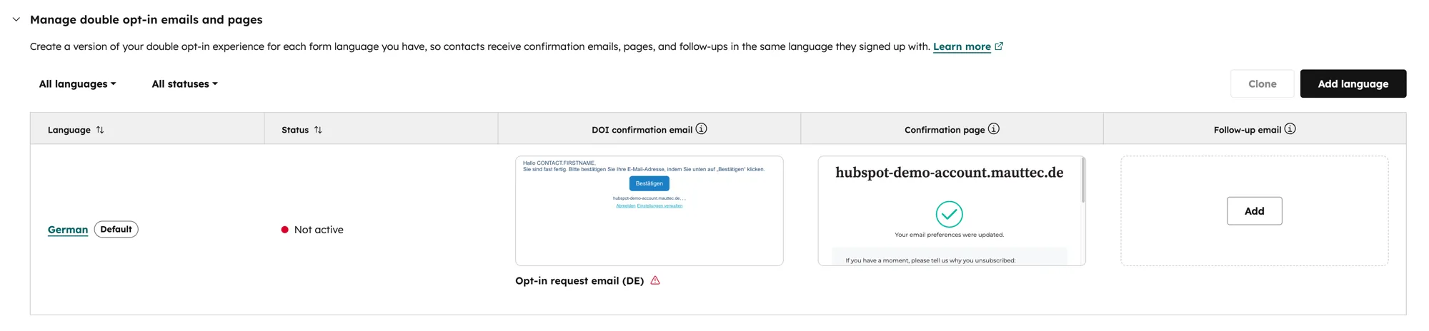 HubSpot Double Opt-In E-Mails und Pages verwalten mit Sprache, DOI Confirmation Email, Confirmation Page und Follow-up Email