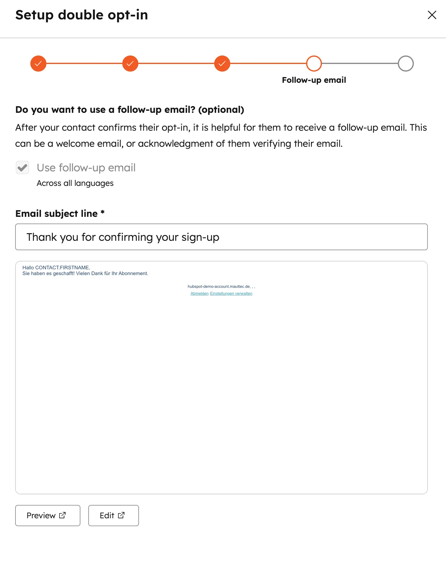 HubSpot Double Opt-In Setup Dialog mit Follow-up E-Mail Konfiguration und Vorschau