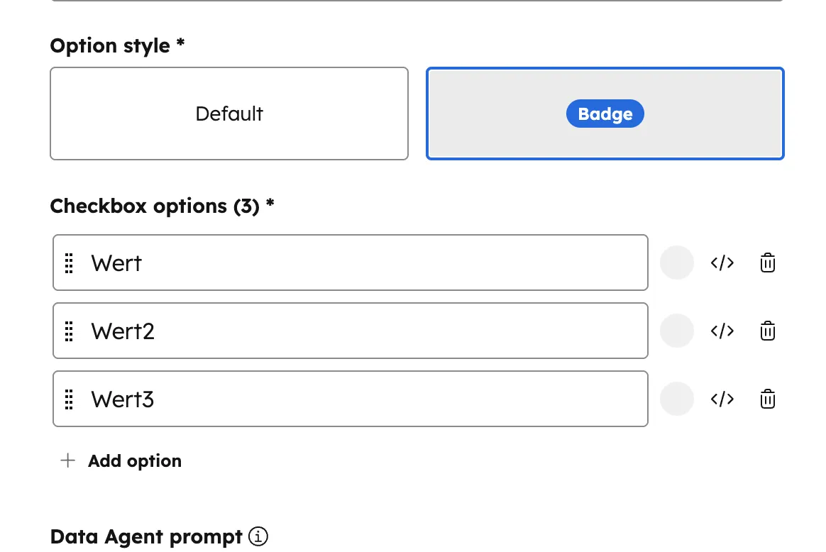 HubSpot Checkbox options mit Badge Style und drei Werten