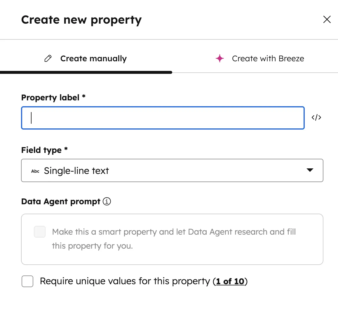 HubSpot Create new property Dialog mit Property label und Field type