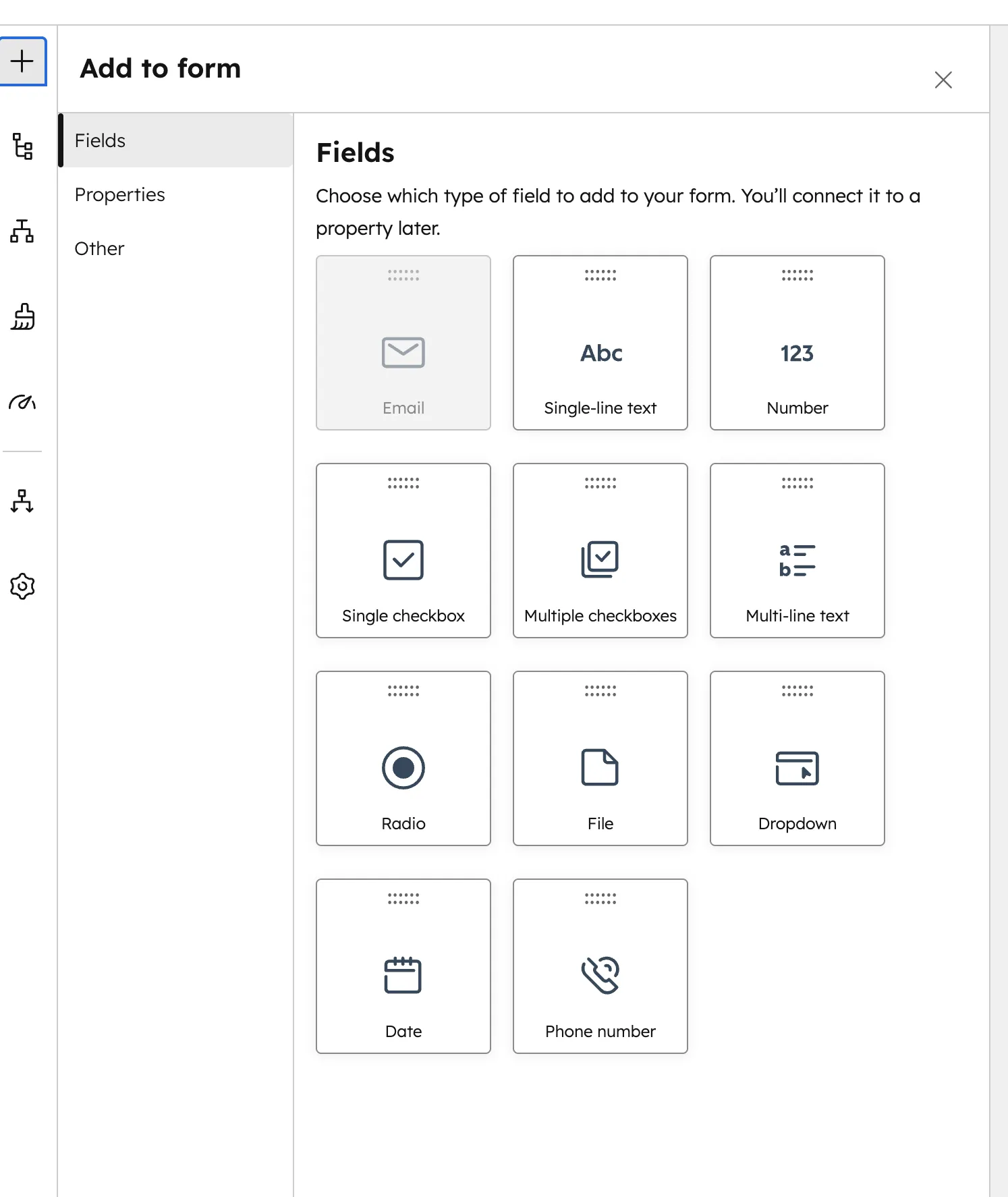 HubSpot Feldtypen Auswahl: Email, Text, Number, Checkbox, Radio, File, Dropdown, Date, Phone