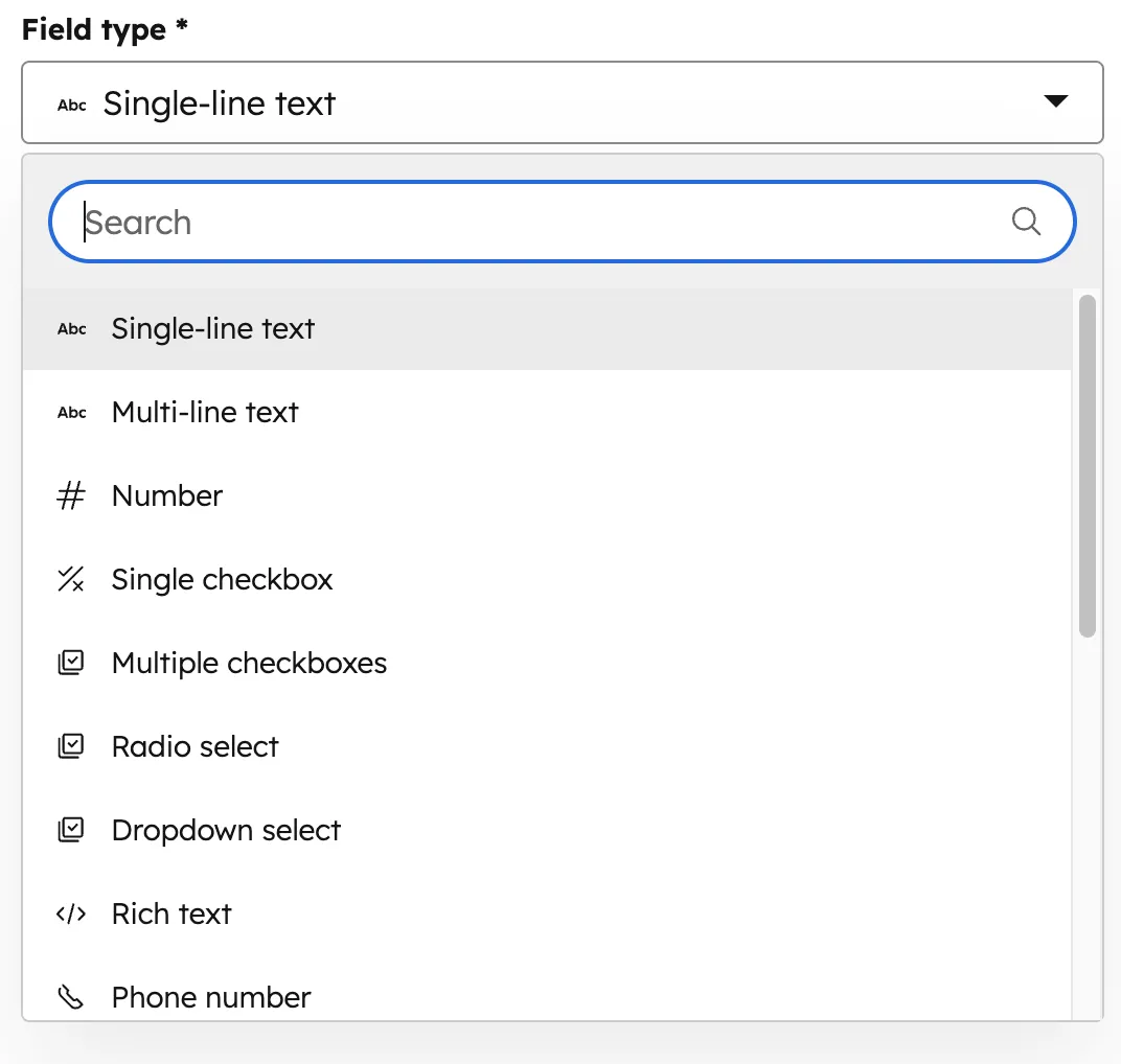 HubSpot Field type Dropdown mit Single-line text, Multi-line, Number, Checkbox, Radio