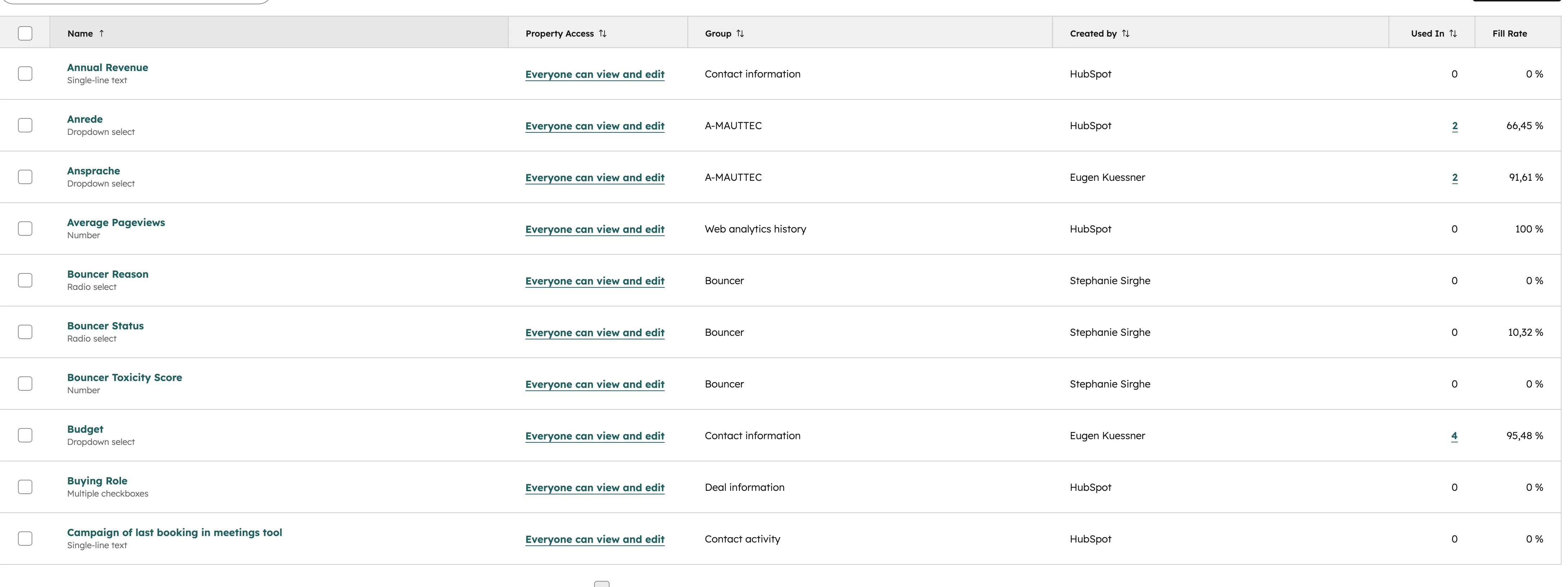HubSpot Properties Liste mit Name, Access, Group und Fill Rate