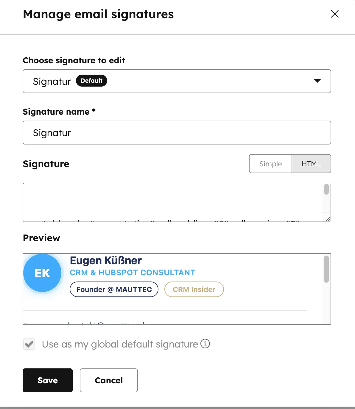 HubSpot E-Mail-Signatur-Editor mit Vorschau der Signatur von Eugen Küßner
