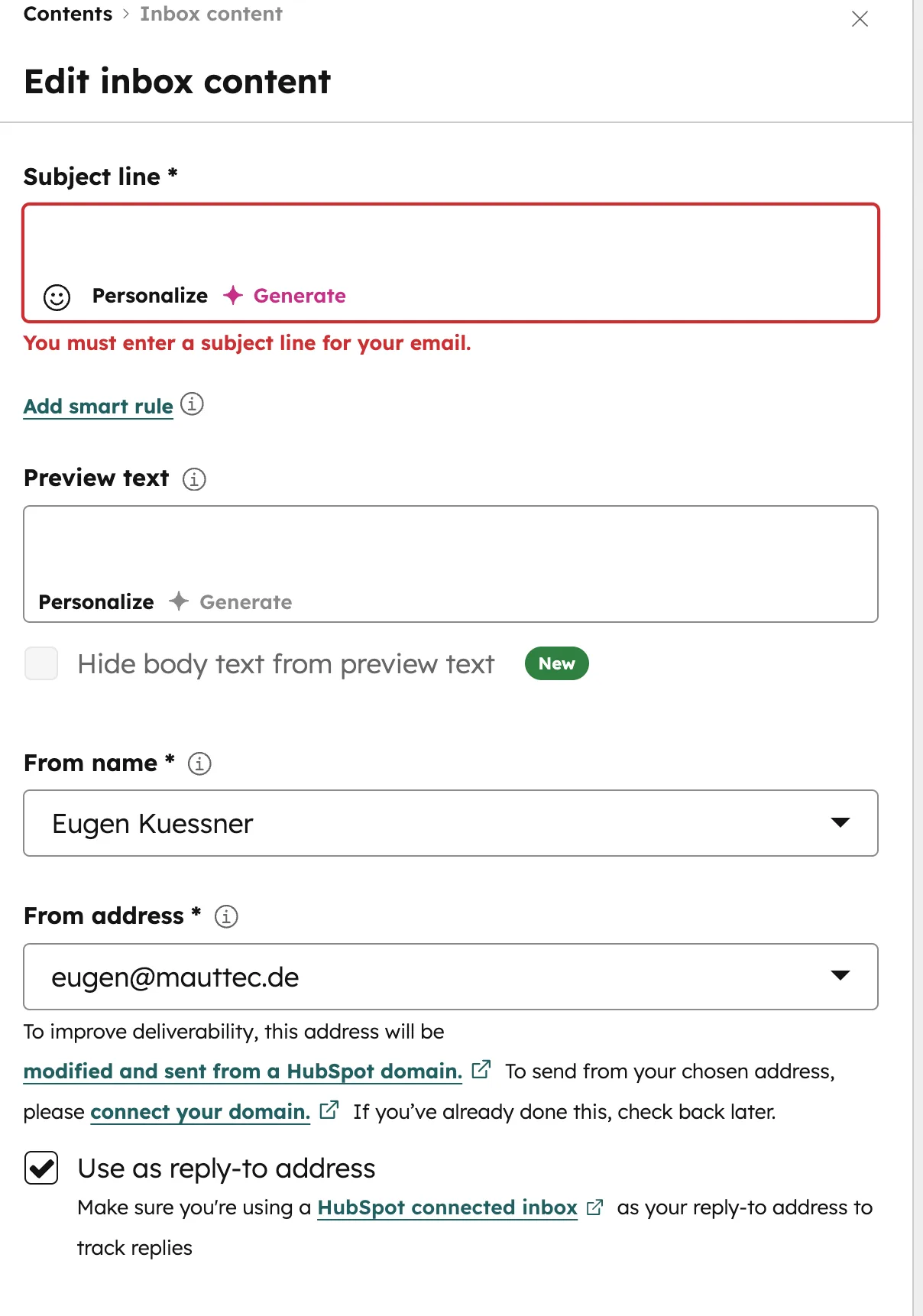 HubSpot E-Mail Betreffzeile Absender Personalisierung Preview Text konfigurieren