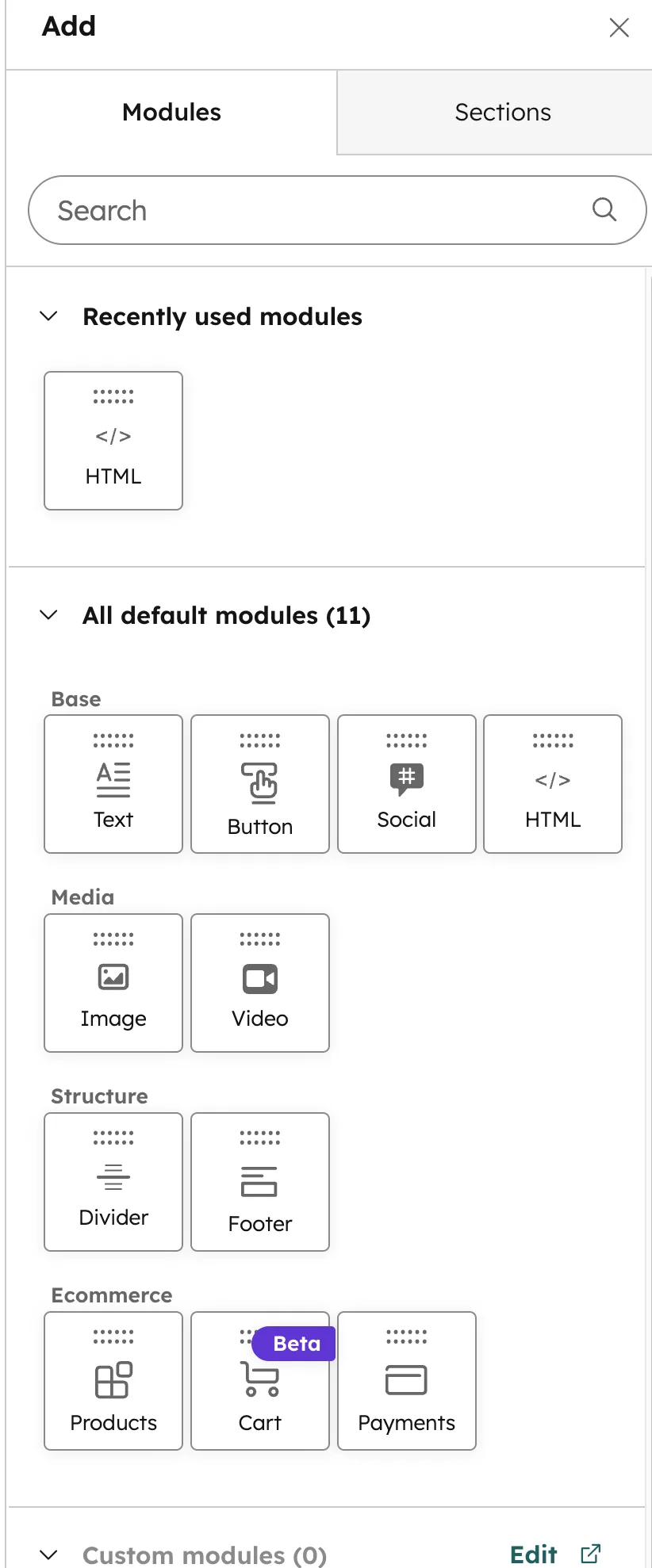 HubSpot E-Mail Editor Drag-and-Drop Module Text Button Social Image Video Divider