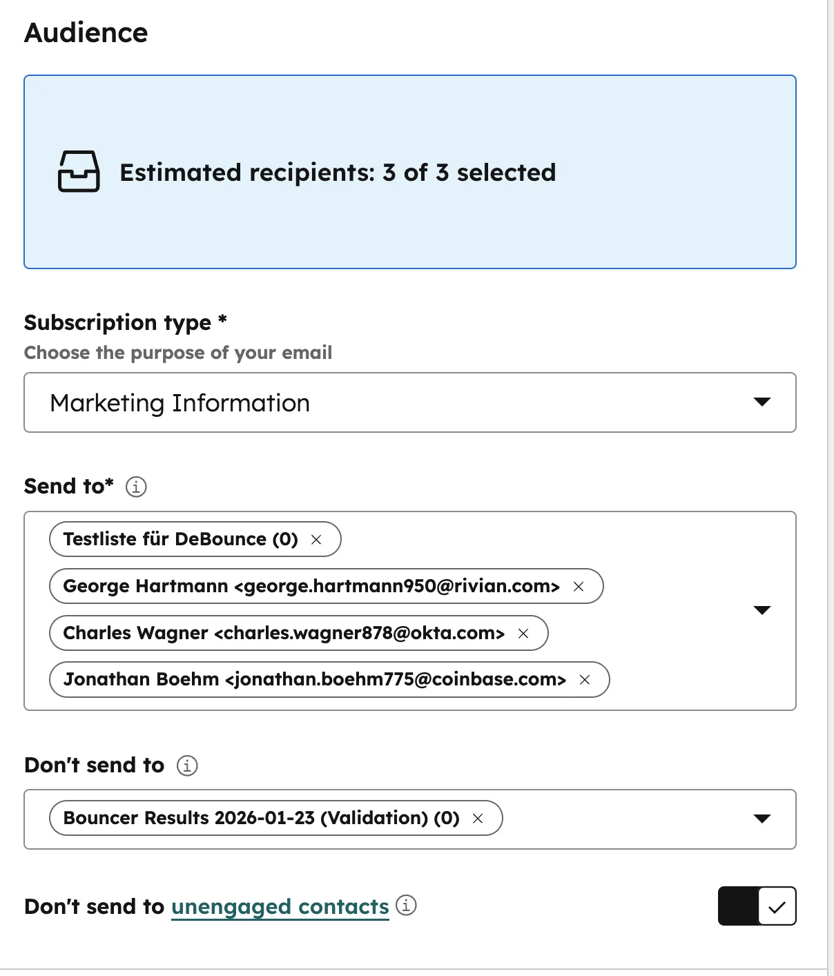 HubSpot E-Mail Empfänger Segmentierung Kontakte Listen Ausschluss Unengaged