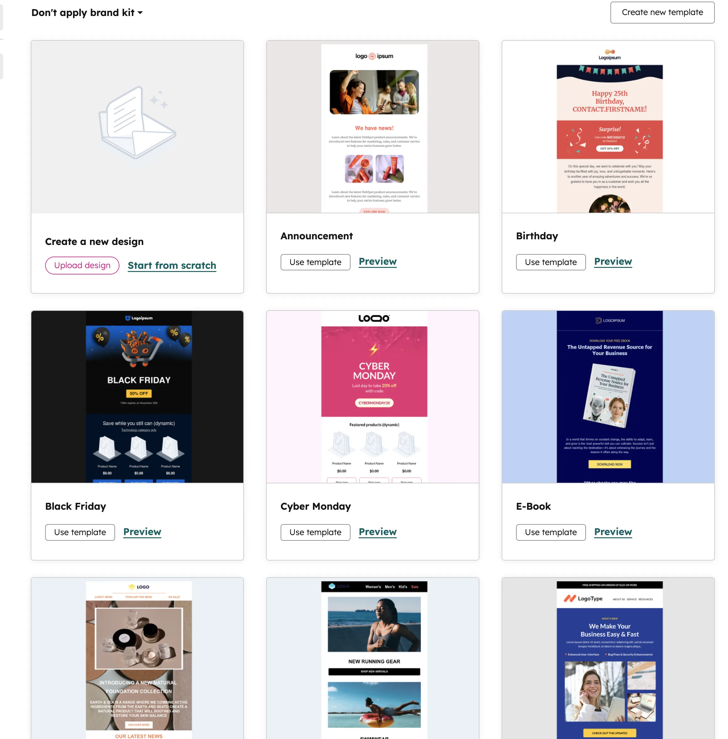 HubSpot E-Mail Template Galerie mit Newsletter-Vorlagen Announcement Birthday Black Friday