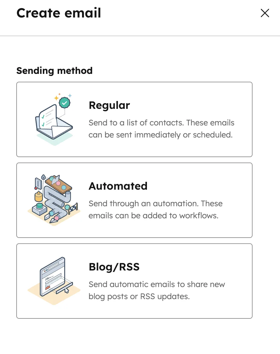 HubSpot E-Mail erstellen Versandmethode Regular Automated Blog RSS