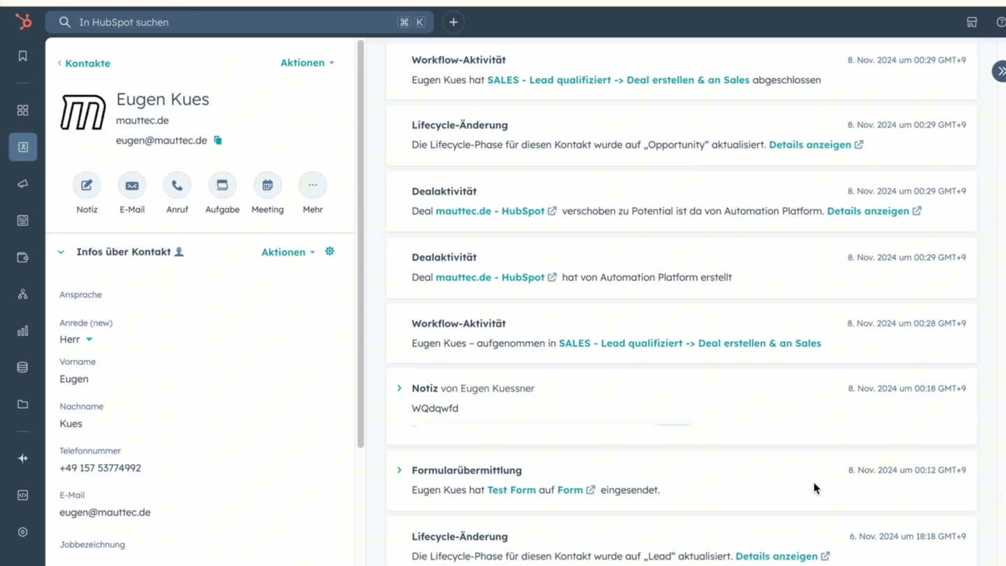 HubSpot CRM Kontaktansicht: Workflow-Aktivitäten, Lifecycle-Änderungen, Deals und Formularübermittlungen