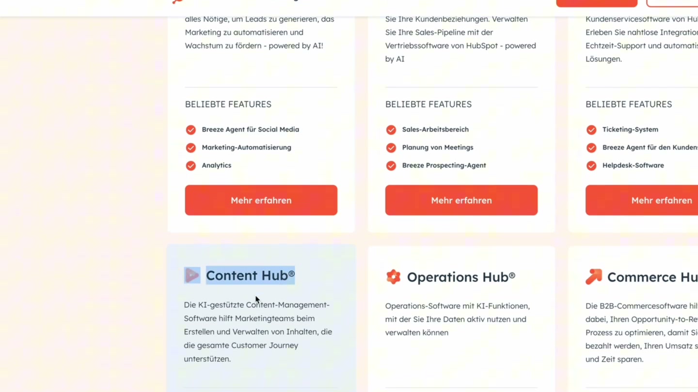 HubSpot Hubs Übersicht: Content Hub, Operations Hub, Commerce Hub mit beliebten Features