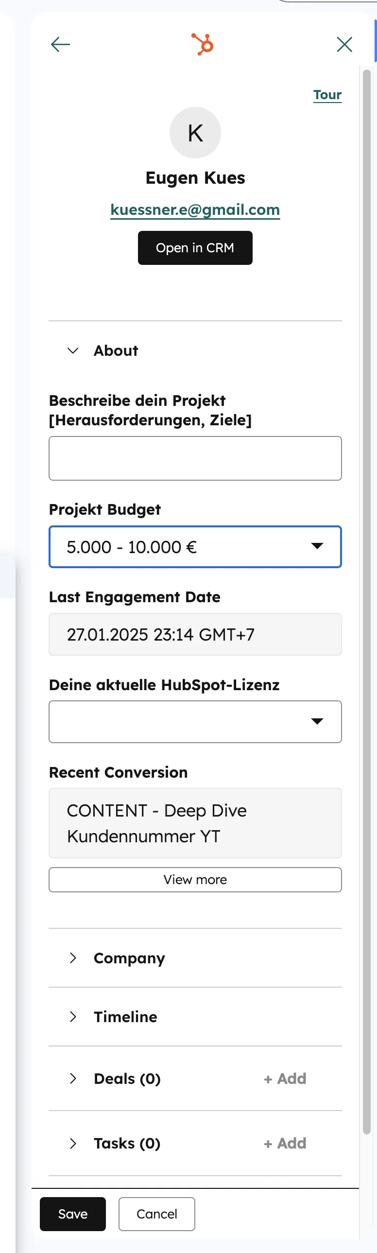 HubSpot Gmail Kontakt-Sidebar CRM-Daten Budget Projekt Last Engagement