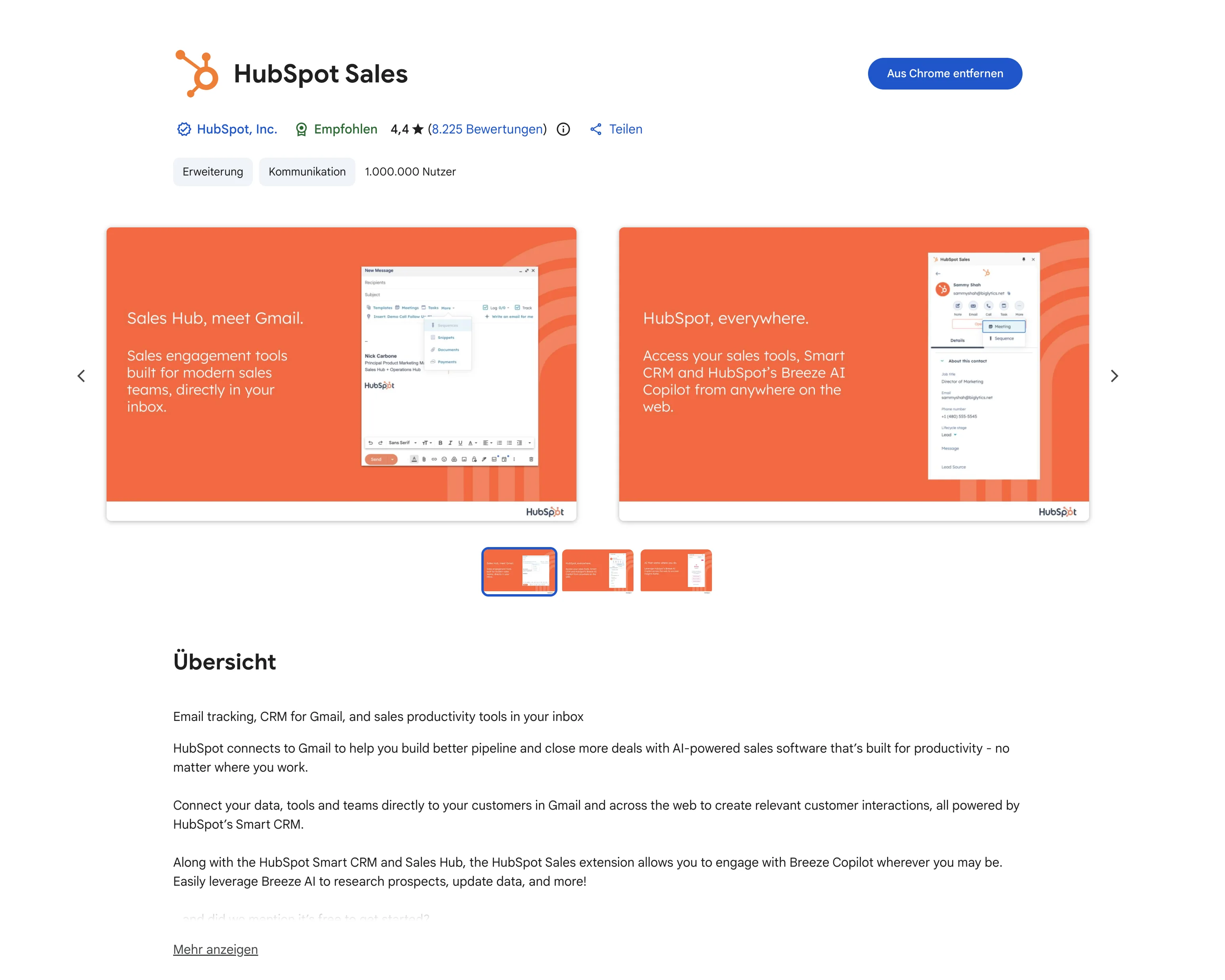 HubSpot Sales Chrome Extension im Web Store 4.4 Sterne 1 Million Nutzer