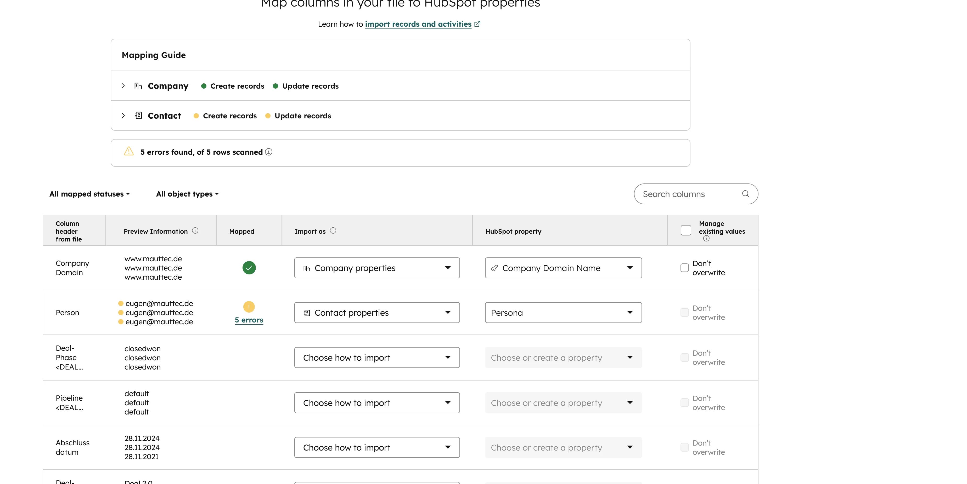 Spalten-Zuordnung zu HubSpot-Properties im Import