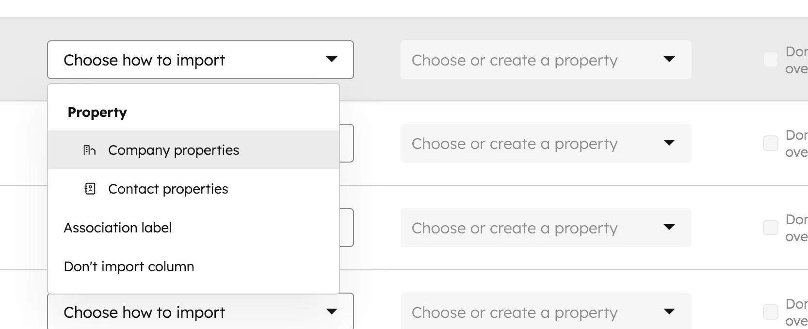 Property-Typ-Dropdown bei der Spalten-Zuordnung