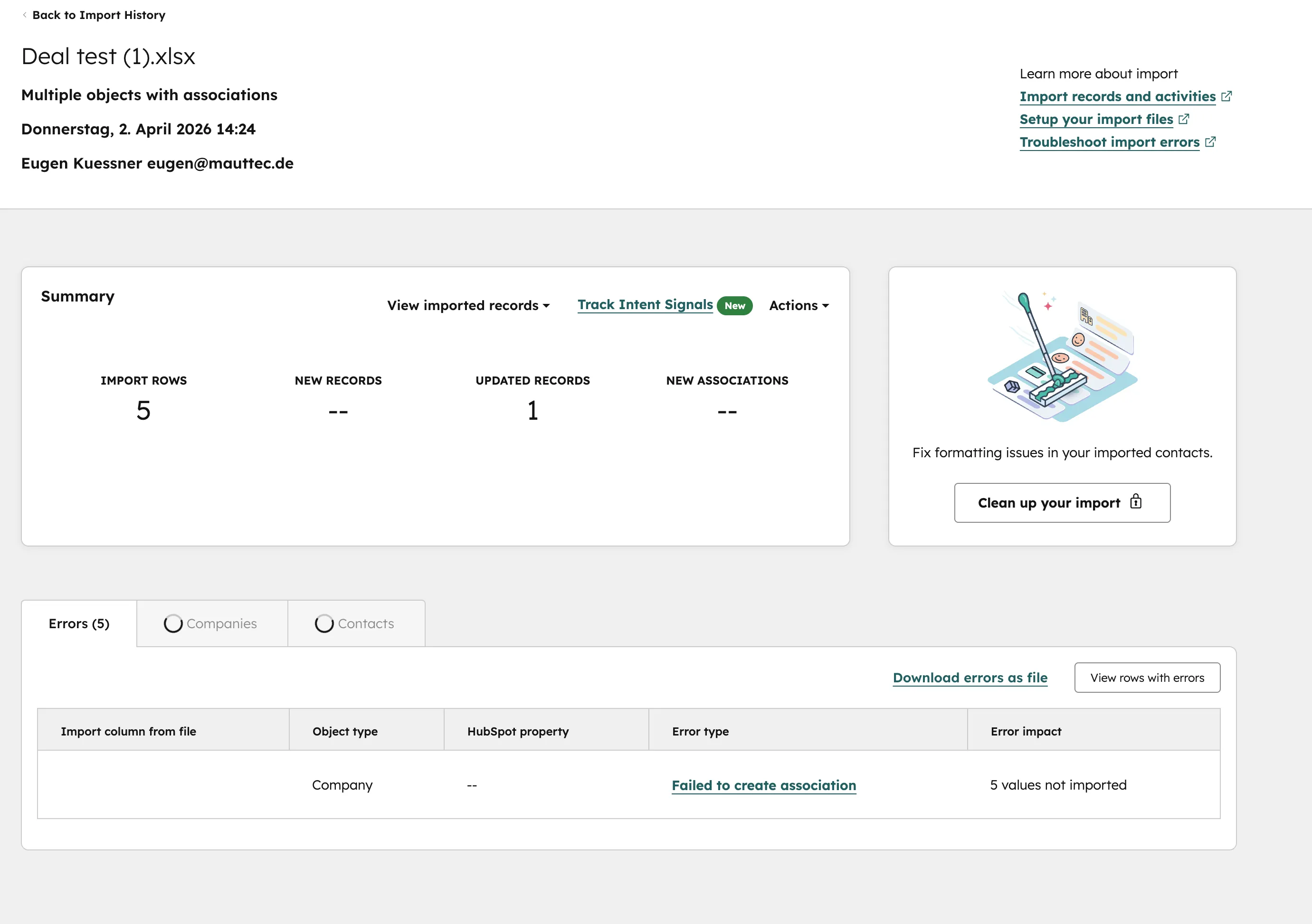 Import-Zusammenfassung mit Fehlerprotokoll