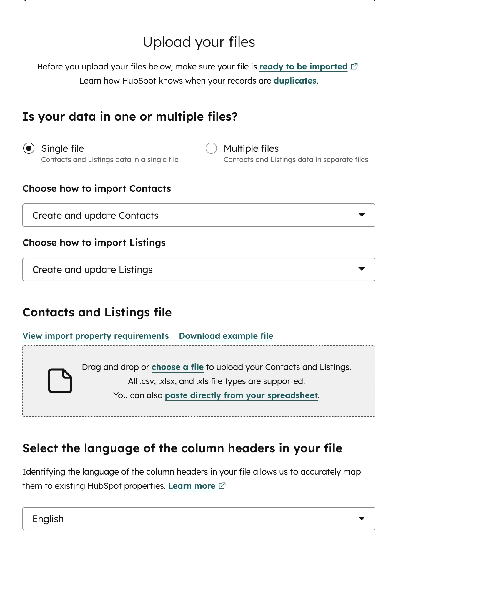 Datei-Upload-Bildschirm im HubSpot Import