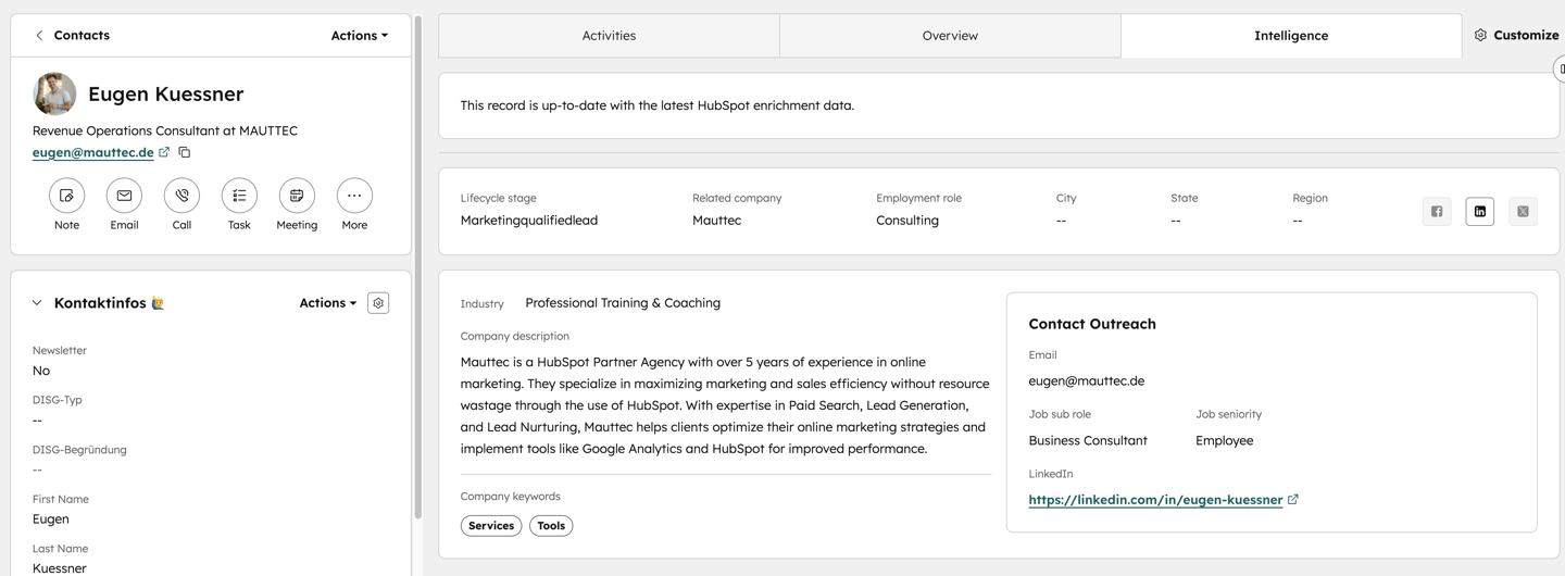 HubSpot Breeze Intelligence — automatische Datenanreicherung mit Branche, Firmengröße und LinkedIn-Profil