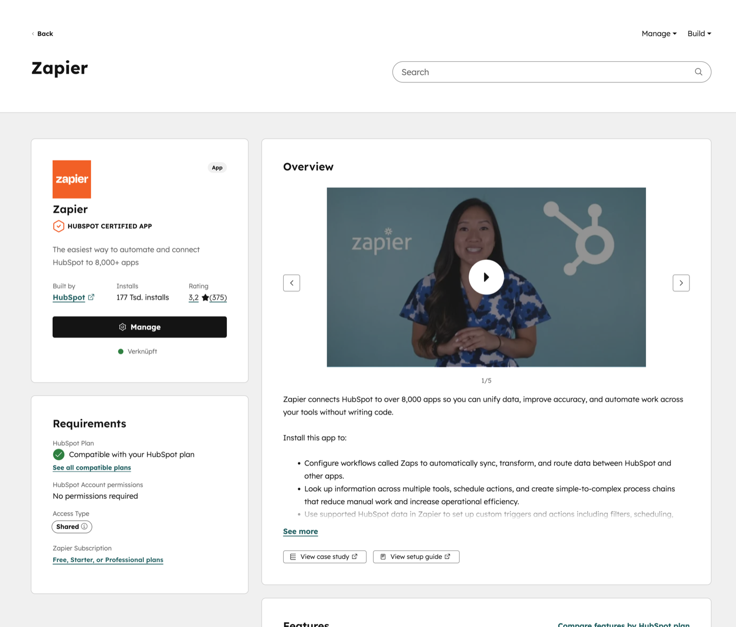 HubSpot Zapier Integration — zertifizierte App mit 177.000 Installationen im Marketplace