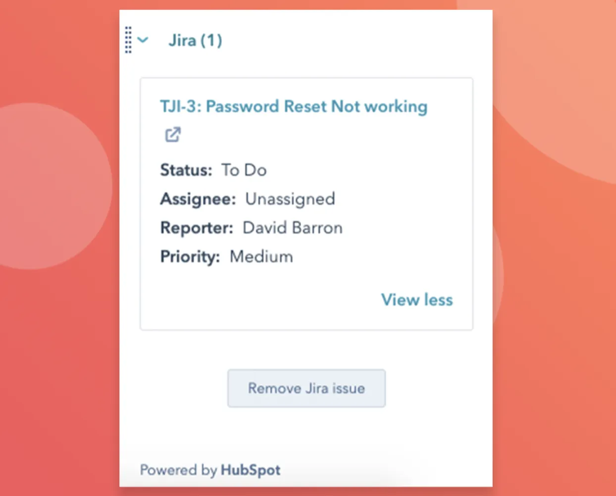 Jira-Ticket direkt in der HubSpot-Oberfläche angezeigt mit Vorgangsstatus und Details