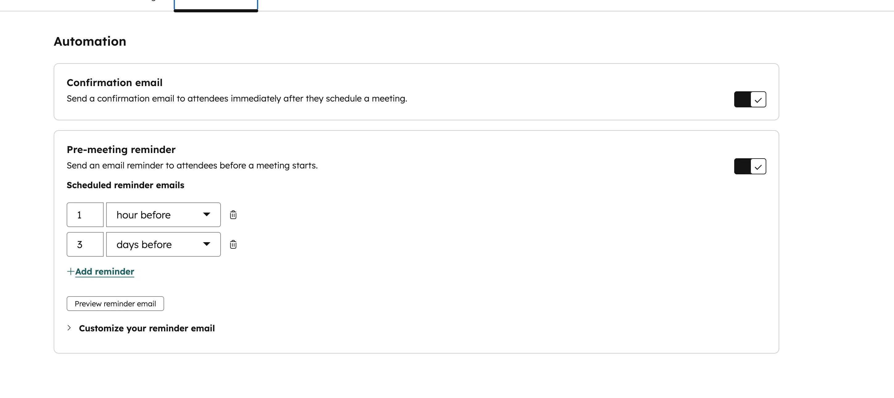 HubSpot Meeting Automation Confirmation email Pre-meeting reminder